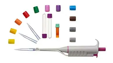 Laboratory equipment on white: micropipette, test tubes, vials, pipette tips, and colorful caps.