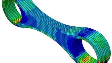 3D model of a connecting rod undergoing finite element analysis. Color-coded mesh shows stress levels: blue/green for low, yellow for high, especially around circular openings.