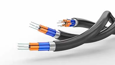 Cross-section of two black fiber optic cables on white, showing stripped protective layers and internal blue and orange tubes housing fiber strands.