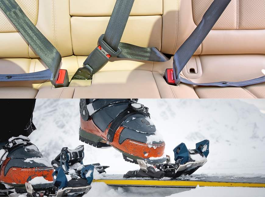 Split image: Top shows a car backseat with a fastened seatbelt; bottom shows a person securing a ski boot into a ski binding on snow.
